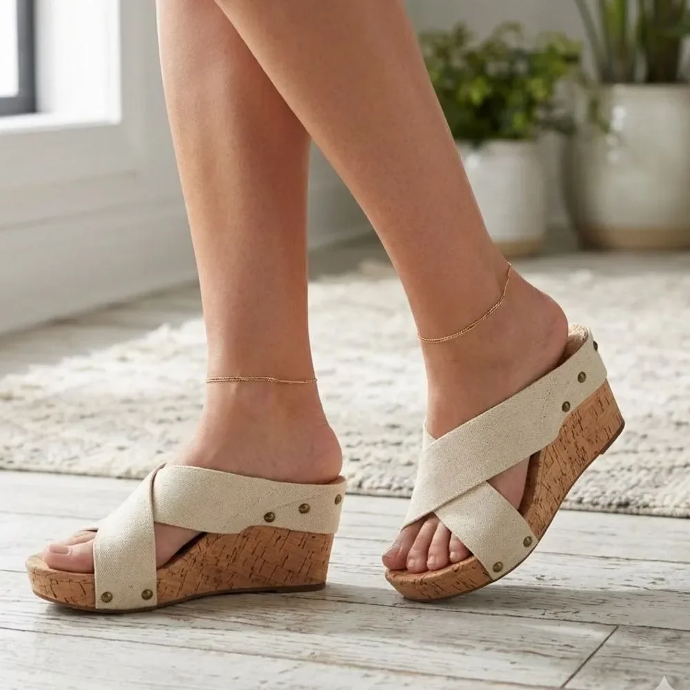 Lucky Brand Cork Wedge Canvas Women's Shoes 7,5M